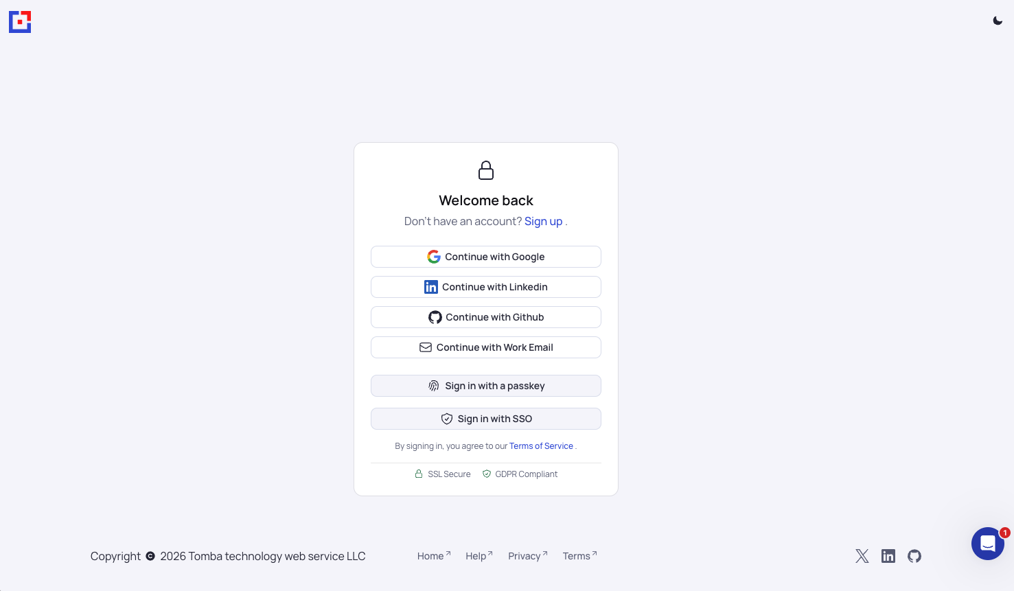 Tomba sign-in page