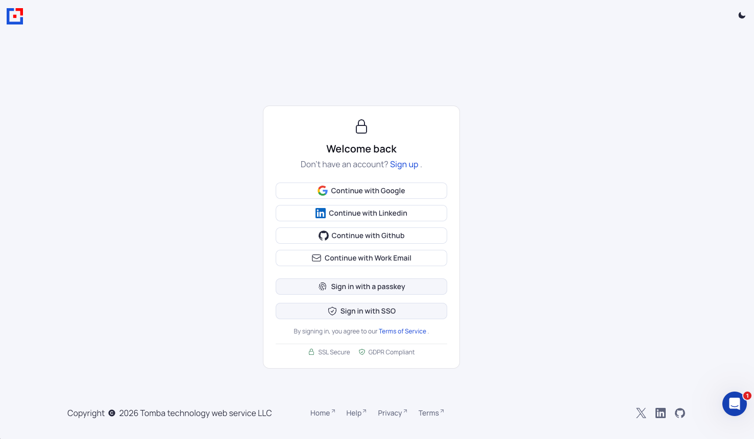 Tomba sign-in page