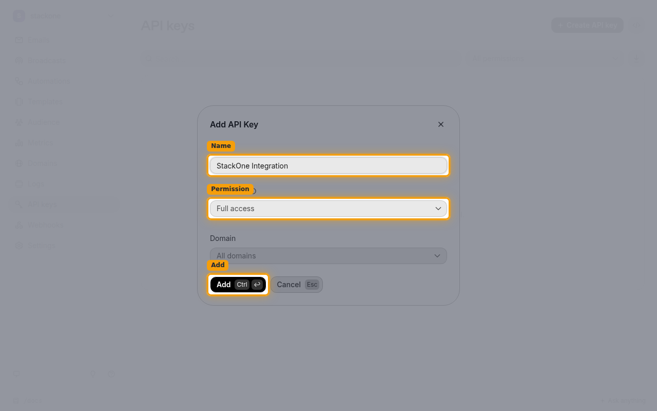 The Add API Key dialog with the Name, Permission, and Add controls highlighted