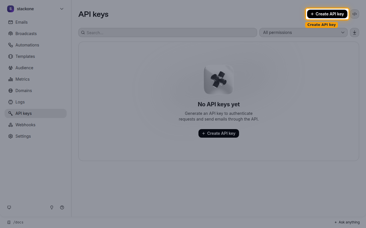 The Resend API keys page with the Create API key button highlighted