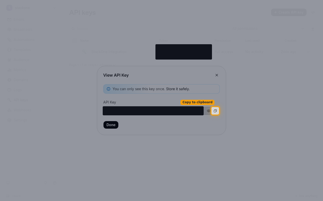 The View API Key dialog with the key value hidden and the Copy to clipboard button highlighted