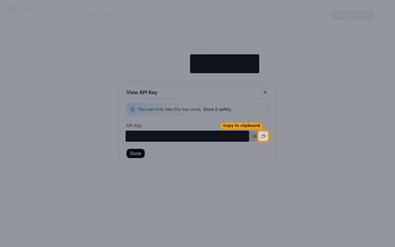 The View API Key dialog with the key value hidden and the Copy to clipboard button highlighted