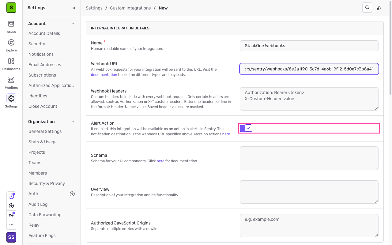 The Alert Action toggle switched on