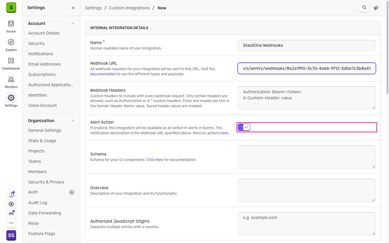 The Alert Action toggle switched on