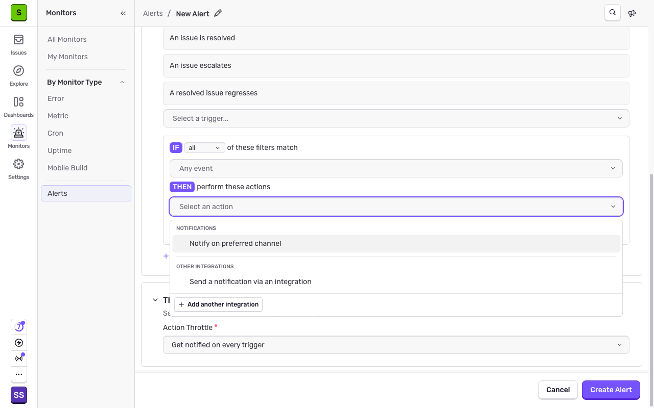 The Select an action dropdown with Send a notification via an integration highlighted