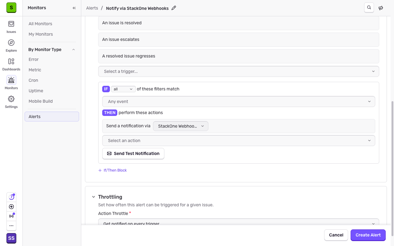 The alert action set to send a notification via the StackOne Integration custom integration
