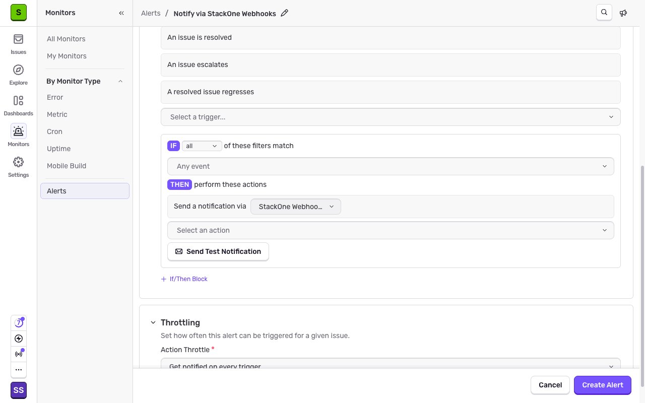 The alert action set to send a notification via the StackOne Integration custom integration