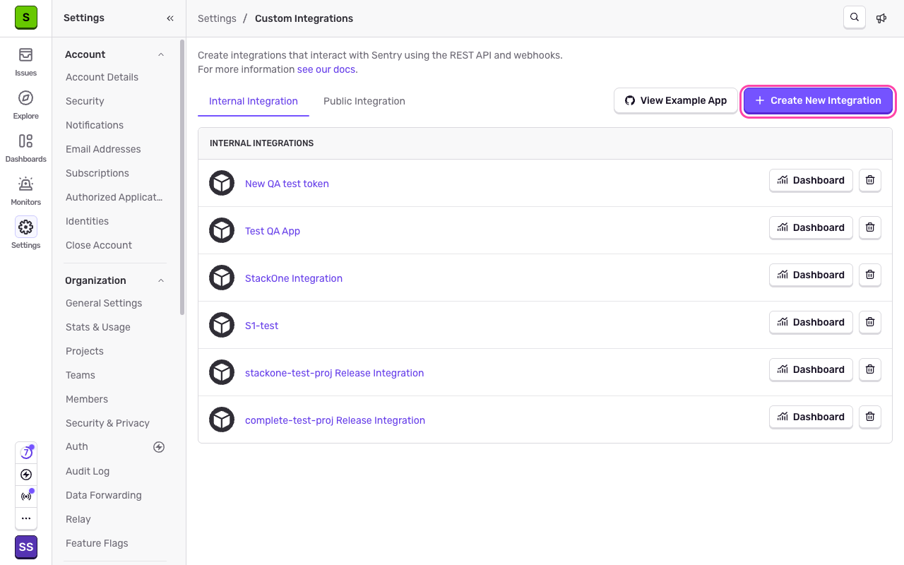 The Custom Integrations page with the Create New Integration button highlighted
