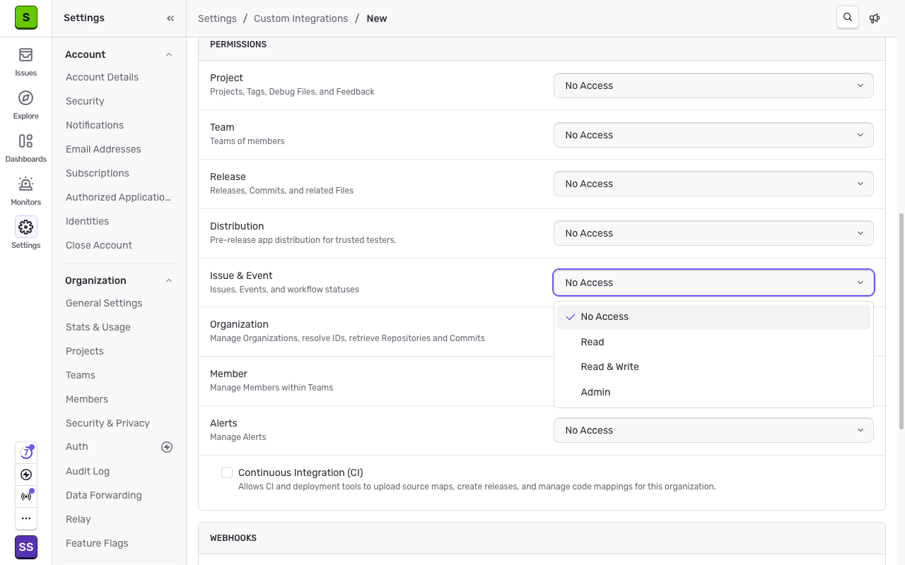 The Permissions section with the Issue and Event dropdown open on Read