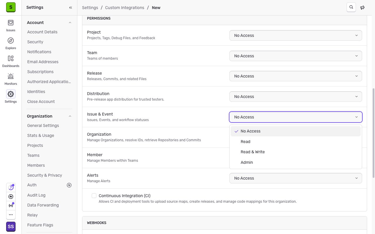 The Permissions section with the Issue and Event dropdown open on Read