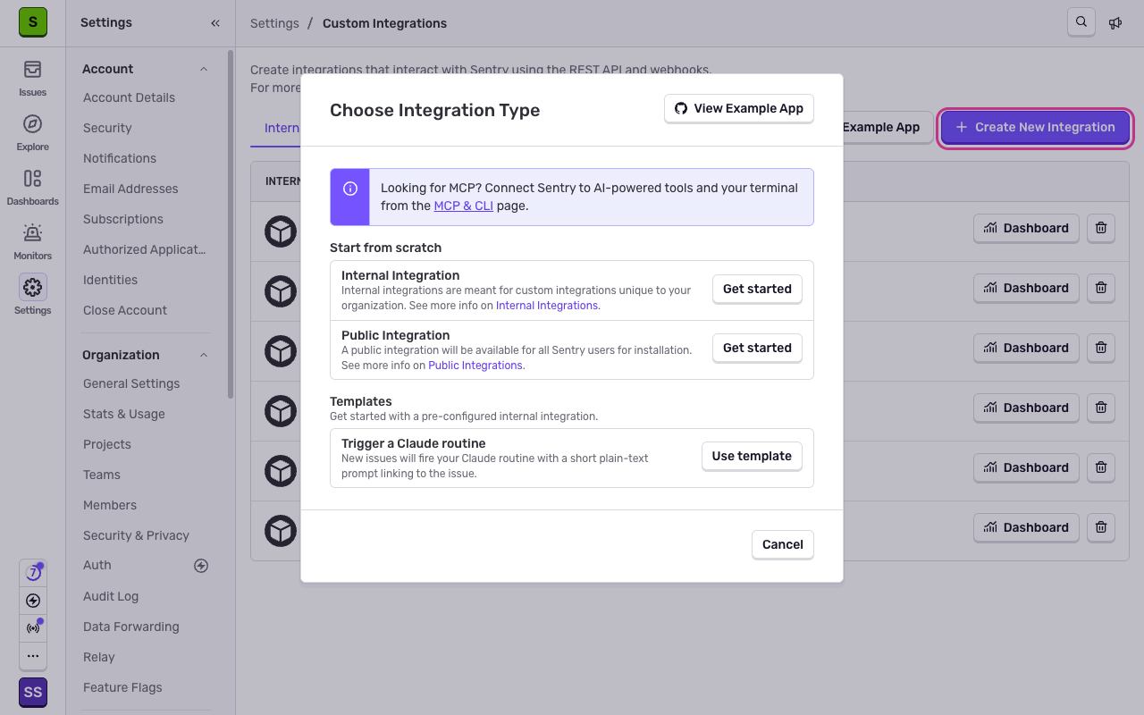 The Choose Integration Type dialog with Internal Integration and its Get started button