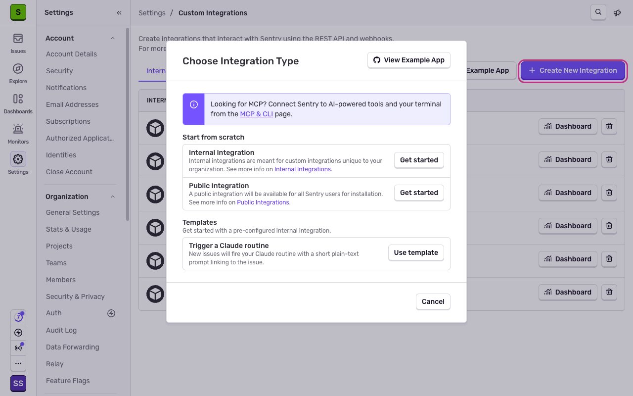 The Choose Integration Type dialog with Internal Integration and its Get started button