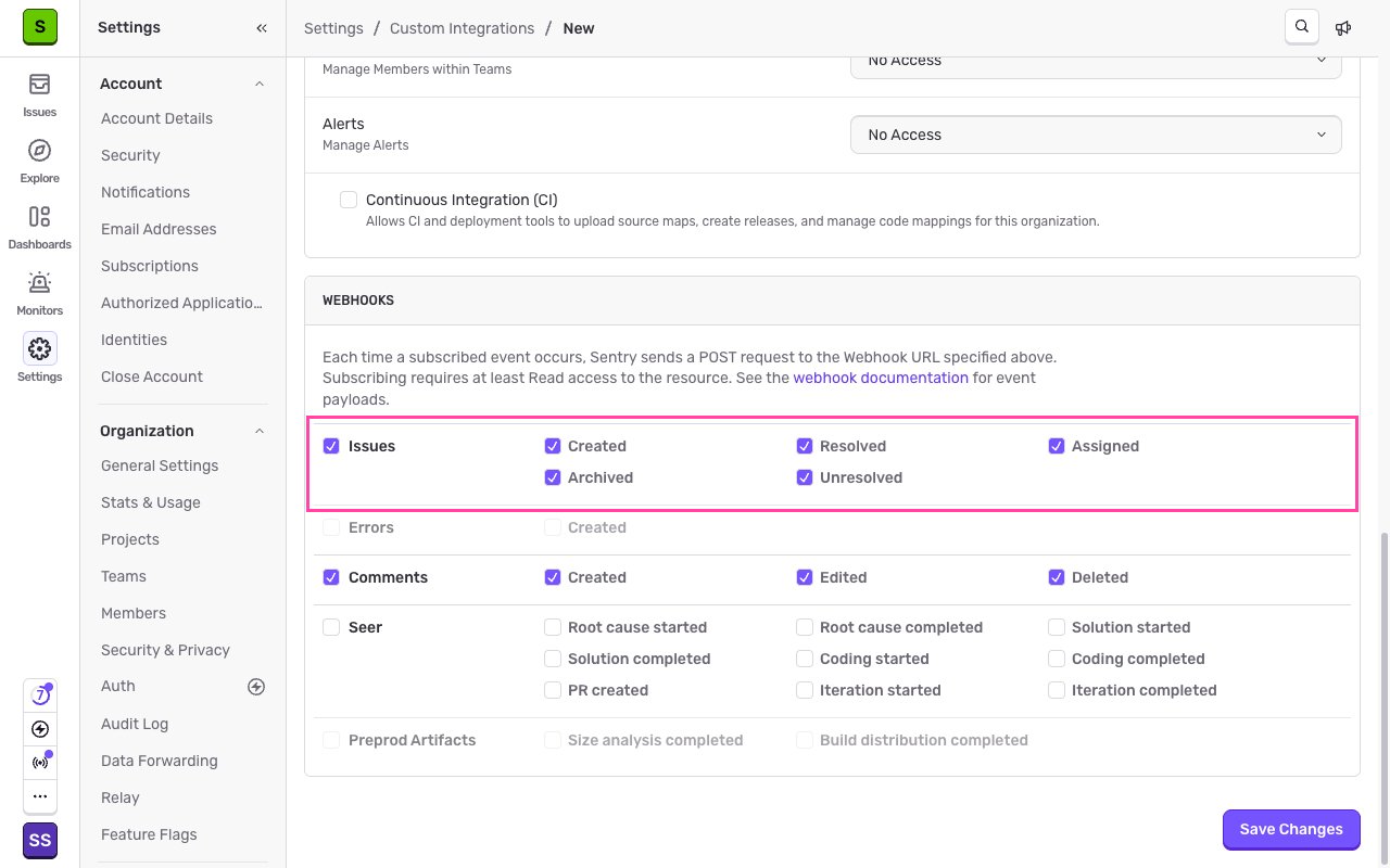 The WEBHOOKS section with the Issues and Comments resources ticked