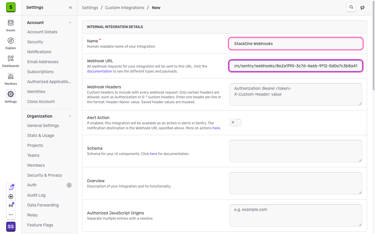 The Internal Integration Details form with the Name and Webhook URL fields highlighted