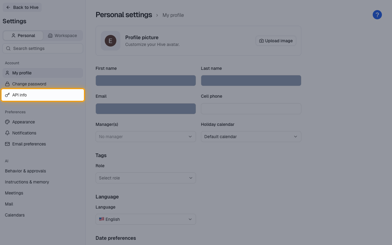 The Hive Personal settings sidebar with API info highlighted under Account