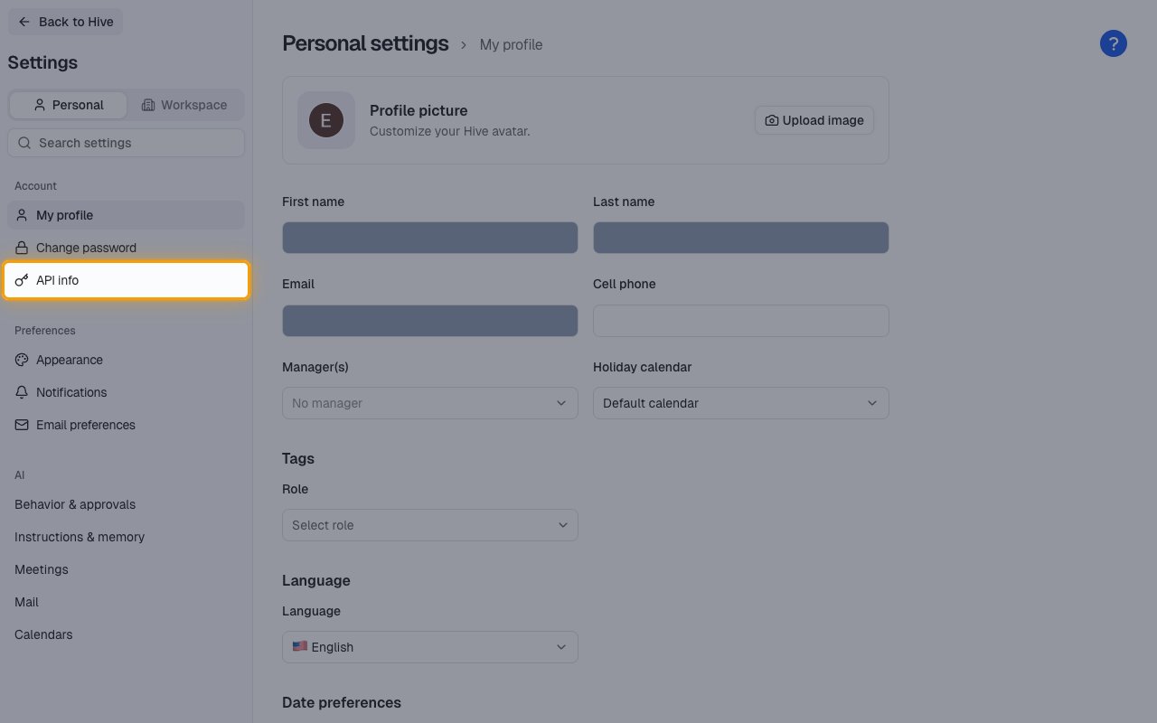 The Hive Personal settings sidebar with API info highlighted under Account