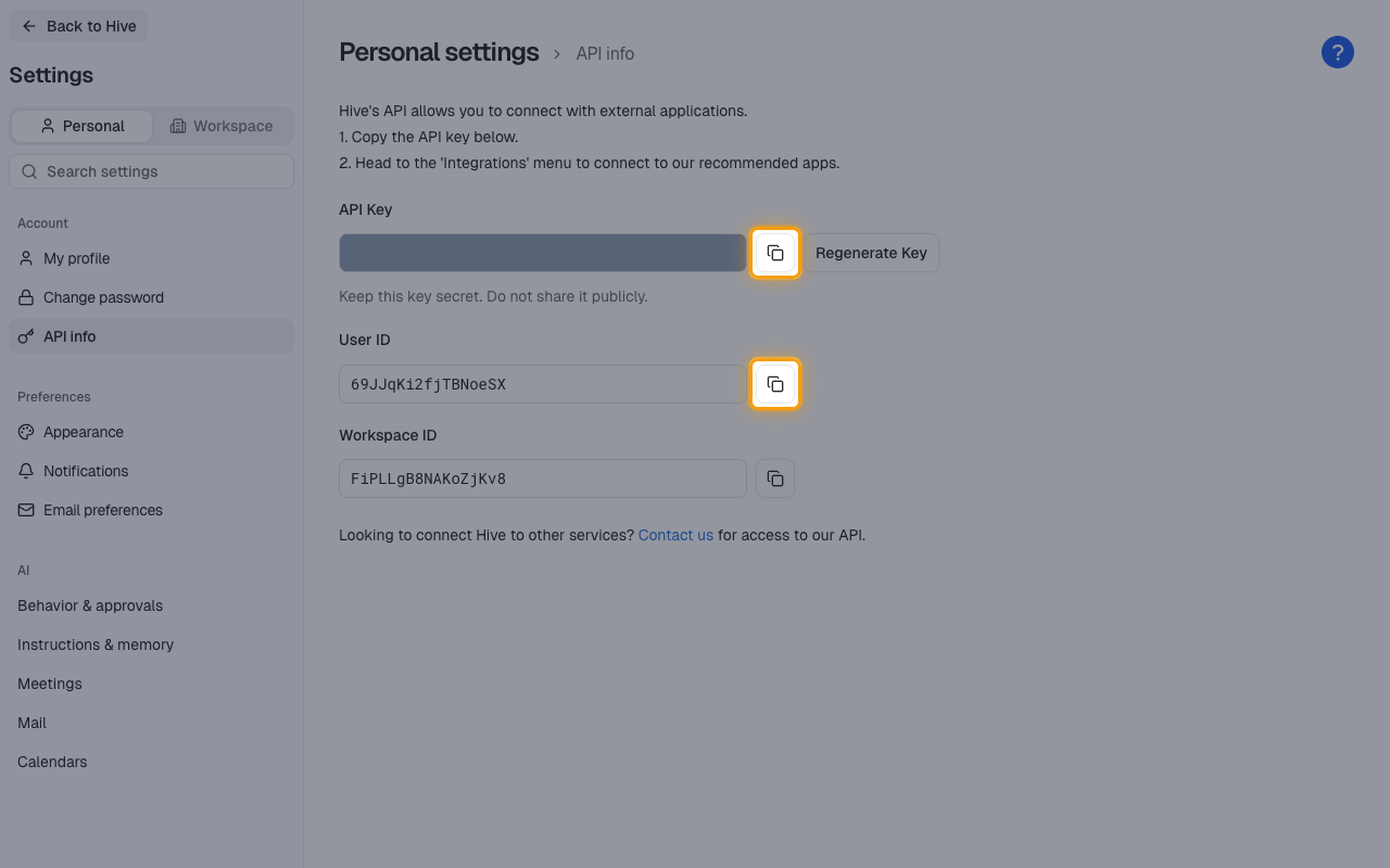 The Hive API info page with the copy buttons for API Key and User ID highlighted and the key value masked