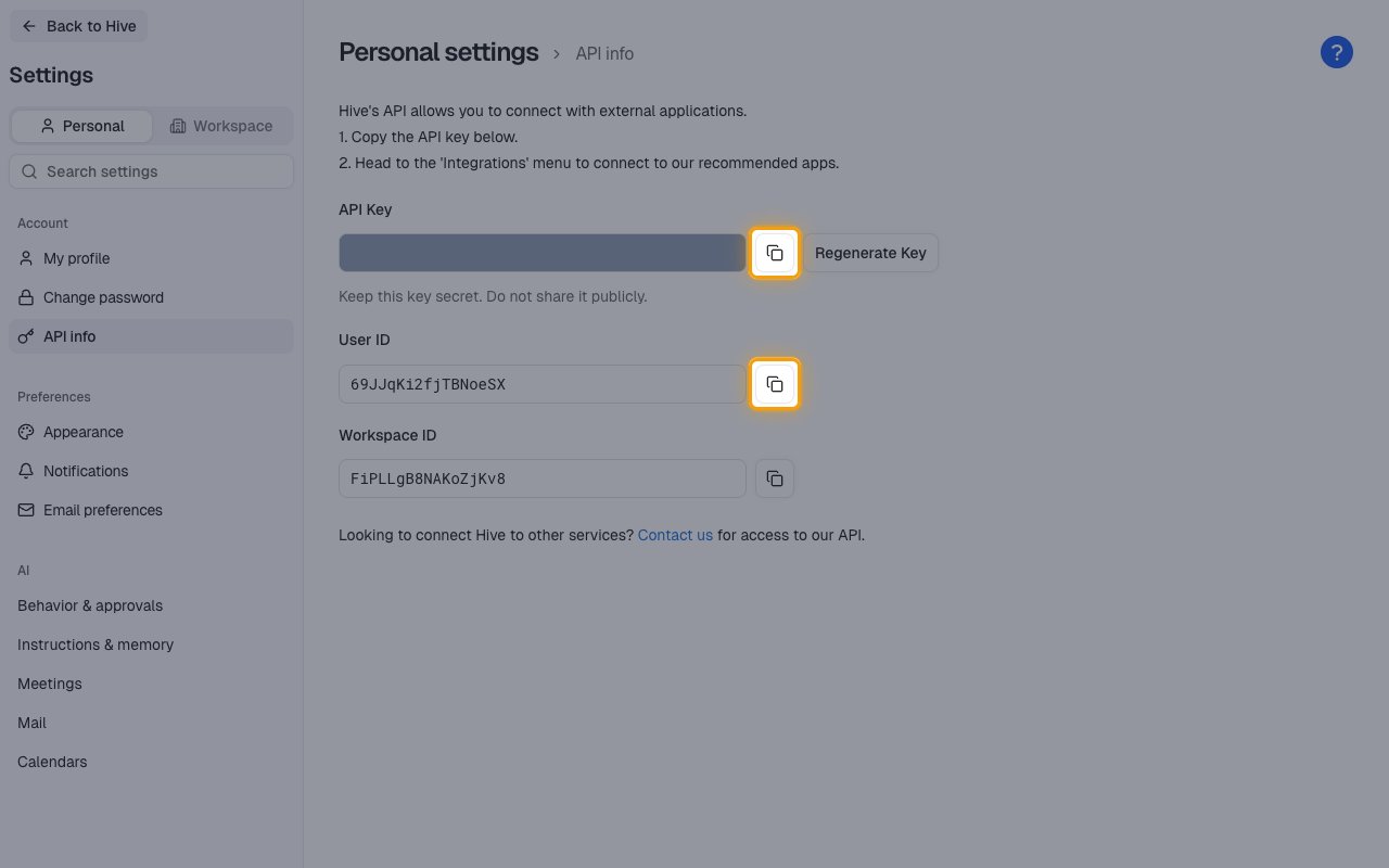 The Hive API info page with the copy buttons for API Key and User ID highlighted and the key value masked