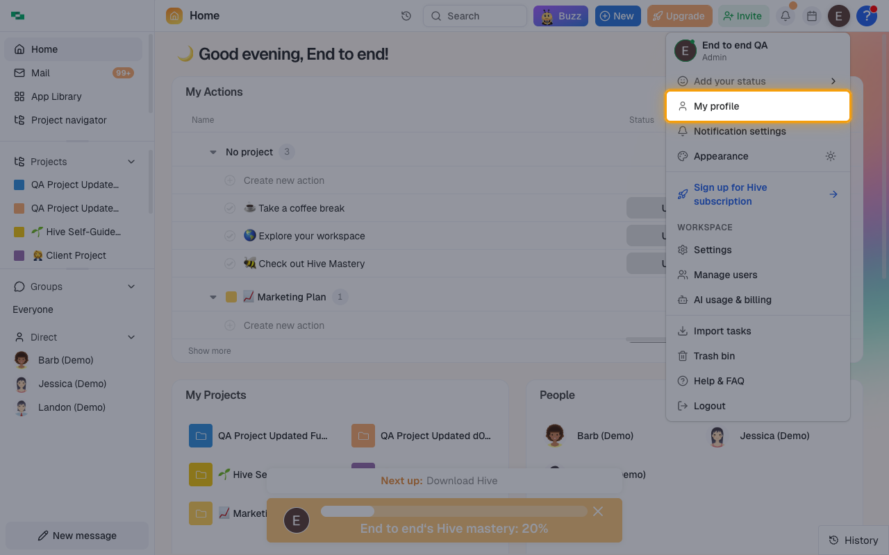 The Hive user menu with the My profile item highlighted
