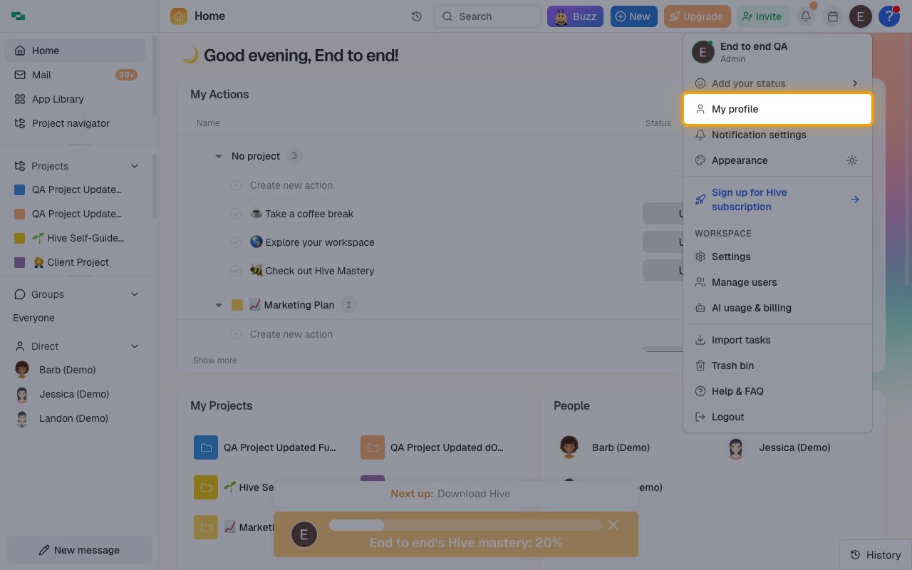 The Hive user menu with the My profile item highlighted