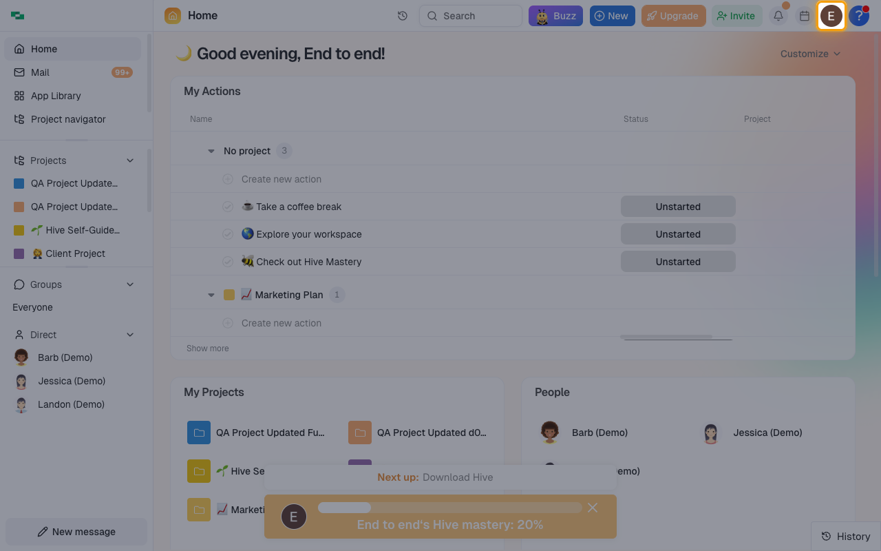 The Hive home page with the profile avatar in the top-right corner highlighted