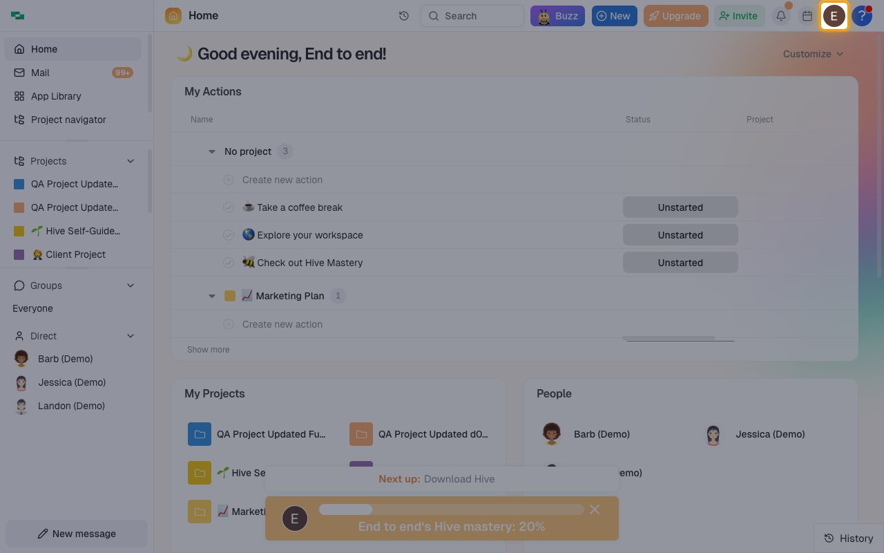 The Hive home page with the profile avatar in the top-right corner highlighted