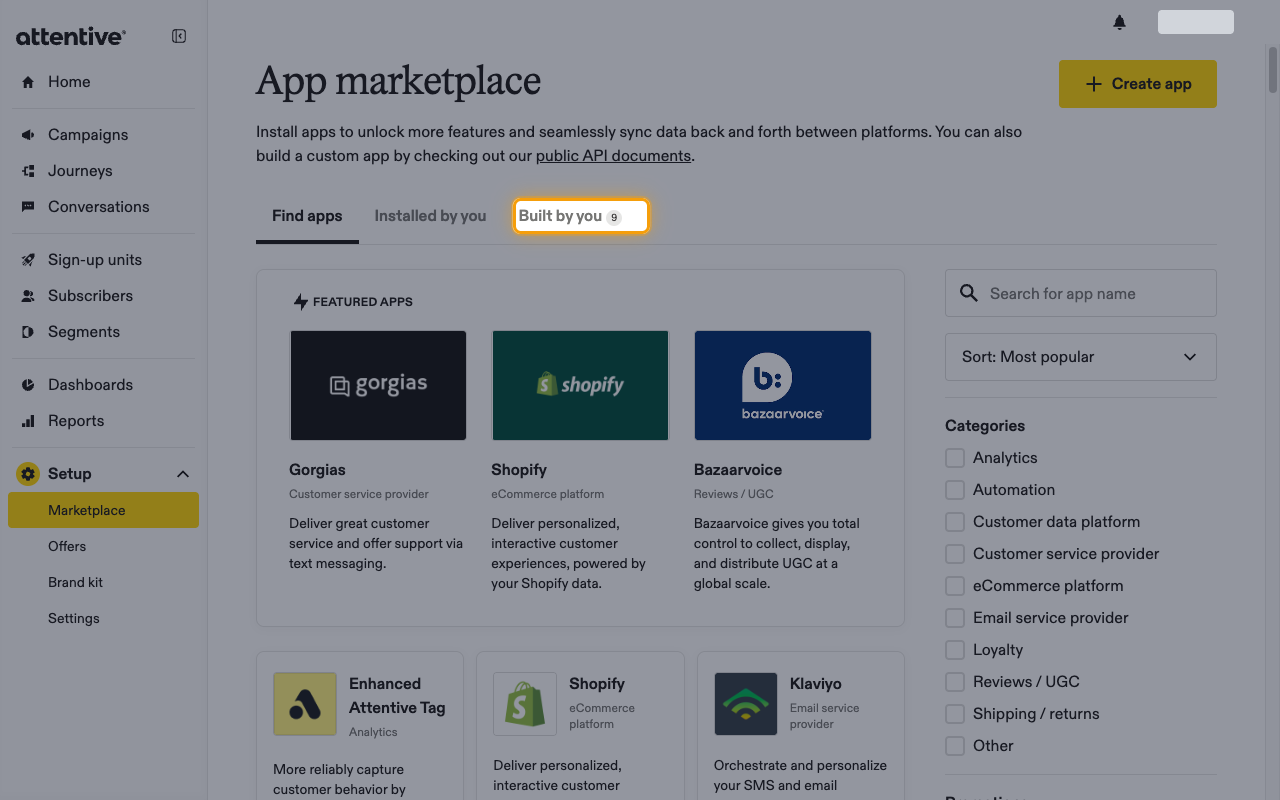 App marketplace page with the Built by you tab highlighted
