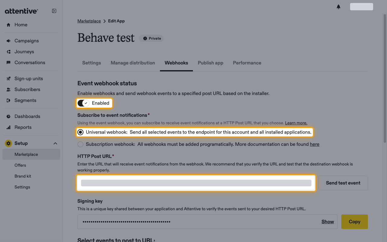 Webhooks tab with the Enabled toggle, the Universal webhook option and the HTTP Post URL field highlighted