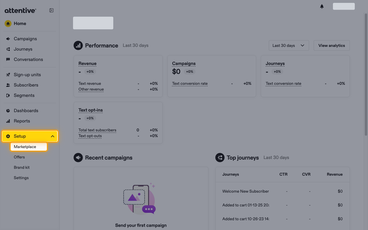 Attentive left sidebar with Setup expanded and Marketplace highlighted
