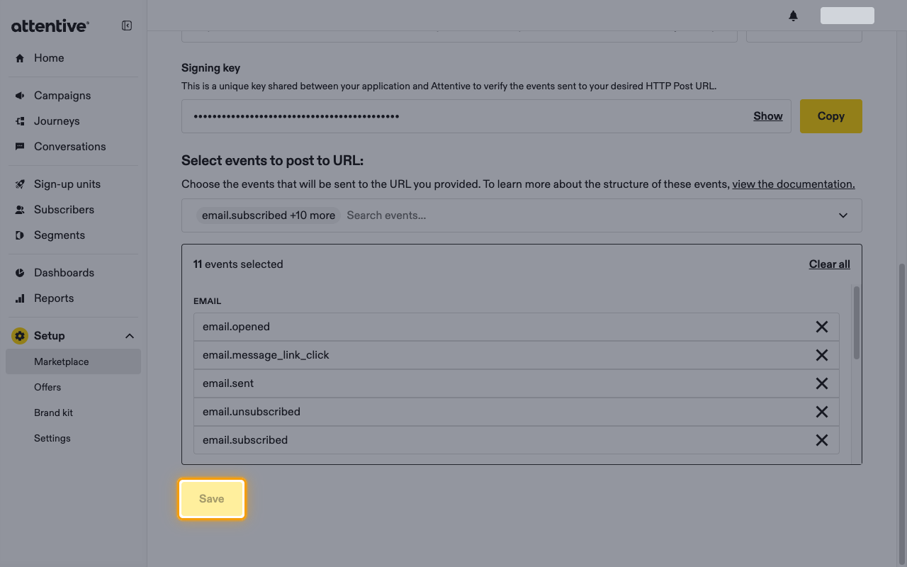 Webhooks tab with the selected events listed and the Save button highlighted