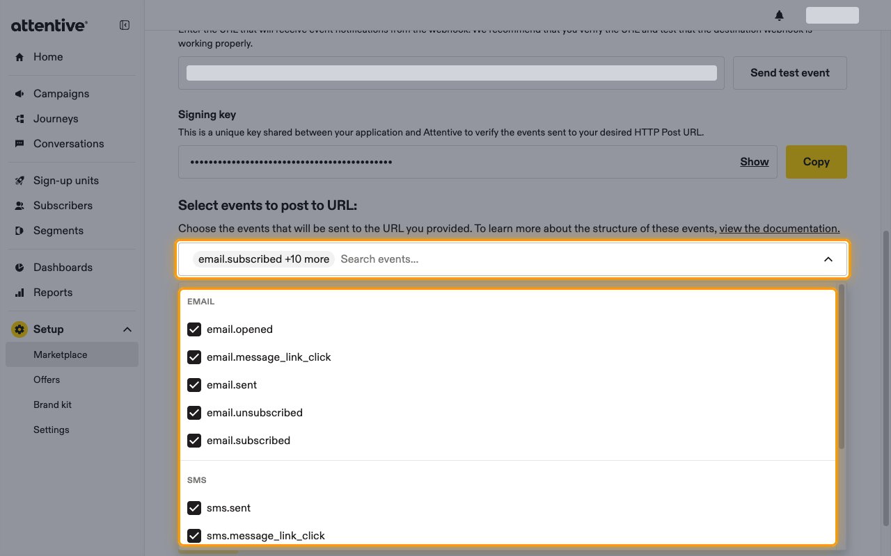 Select events to post to URL dropdown open with the email and SMS events ticked