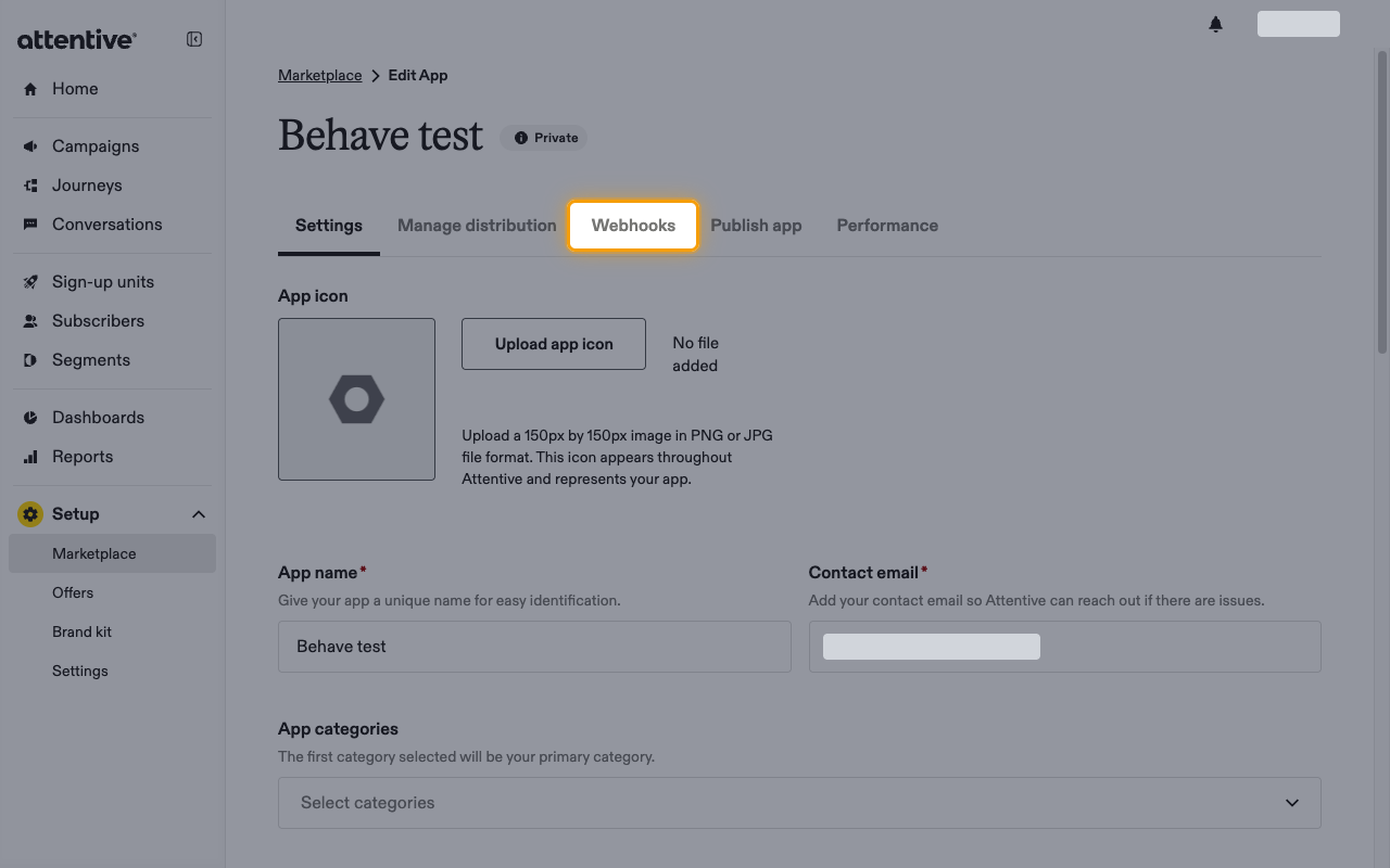 Custom app page with the Webhooks tab highlighted