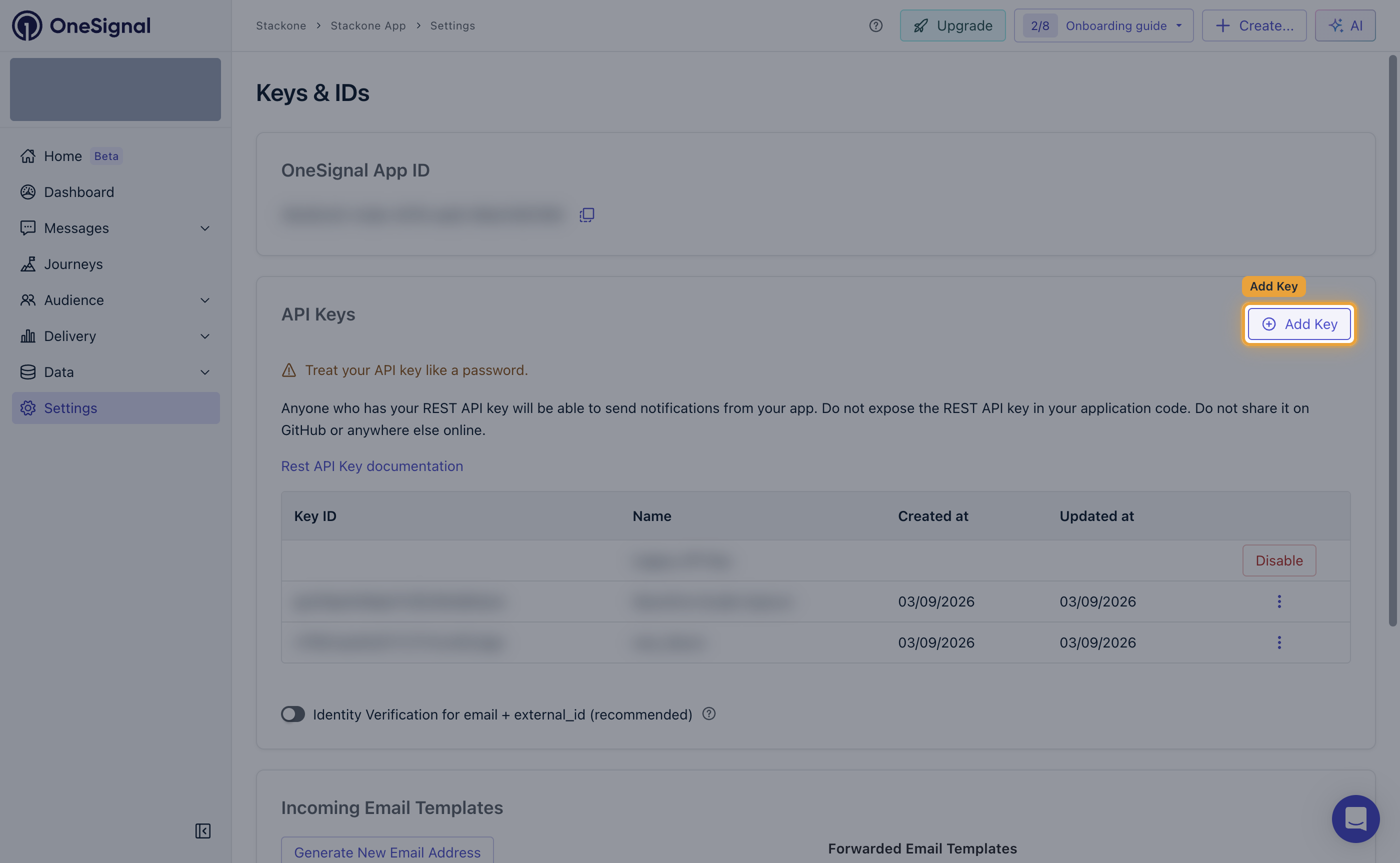 The API Keys section of the OneSignal Keys and IDs page with the Add Key button highlighted