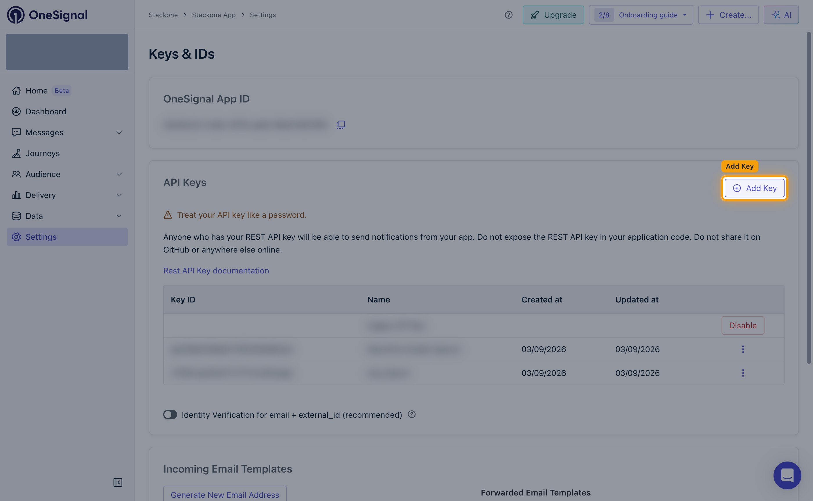 The API Keys section of the OneSignal Keys and IDs page with the Add Key button highlighted