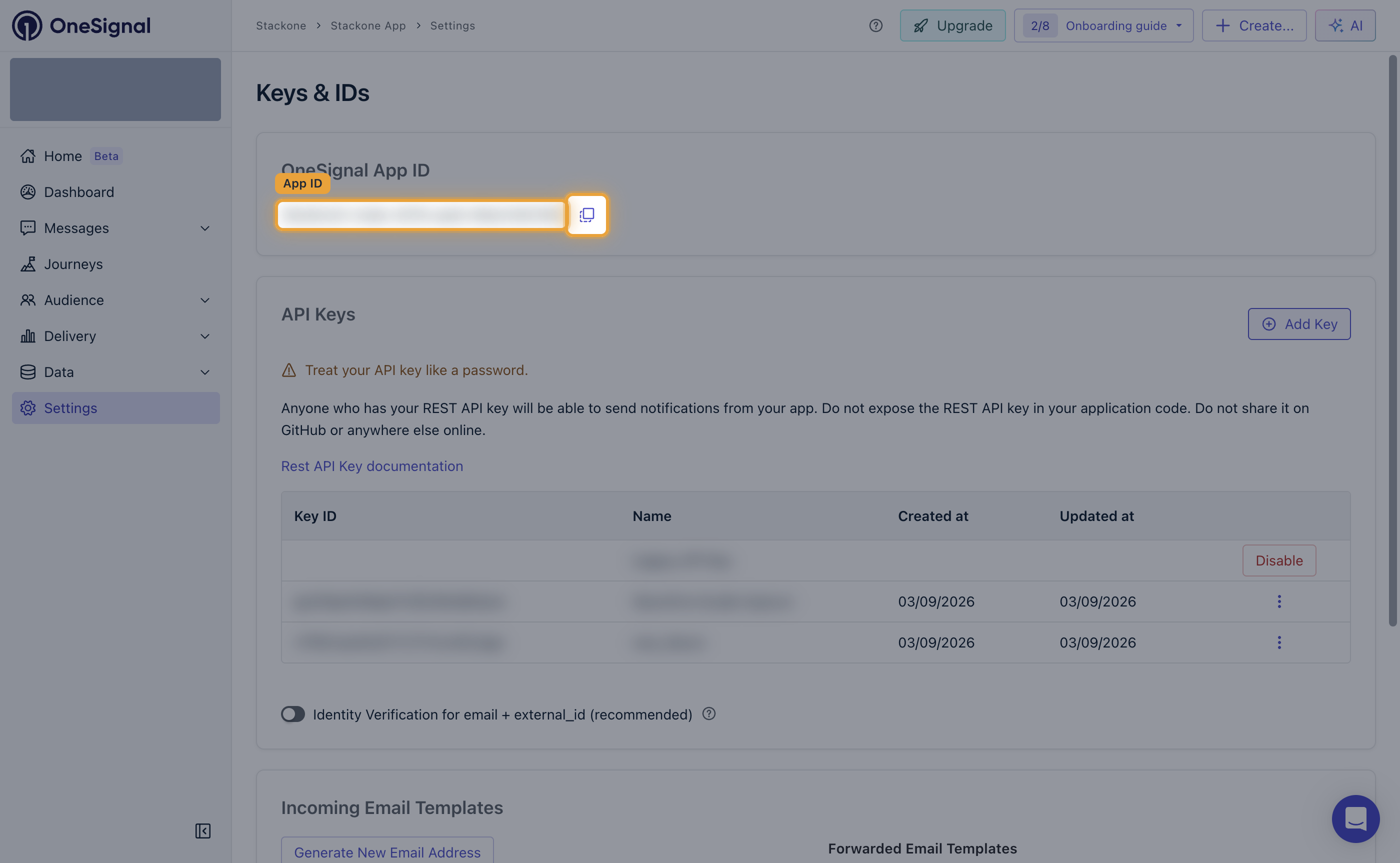 The OneSignal App ID panel with the App ID value and its copy button highlighted