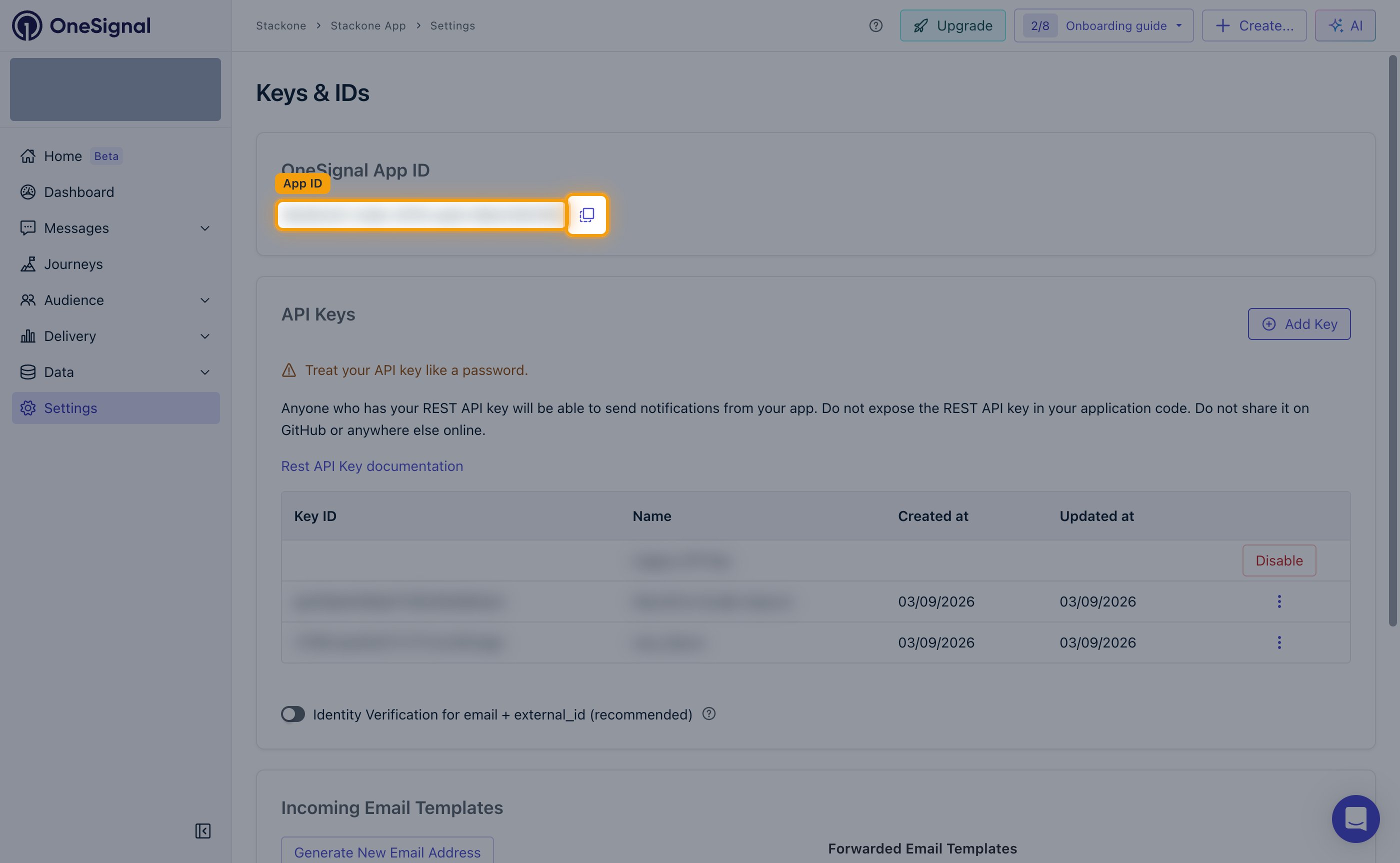 The OneSignal App ID panel with the App ID value and its copy button highlighted