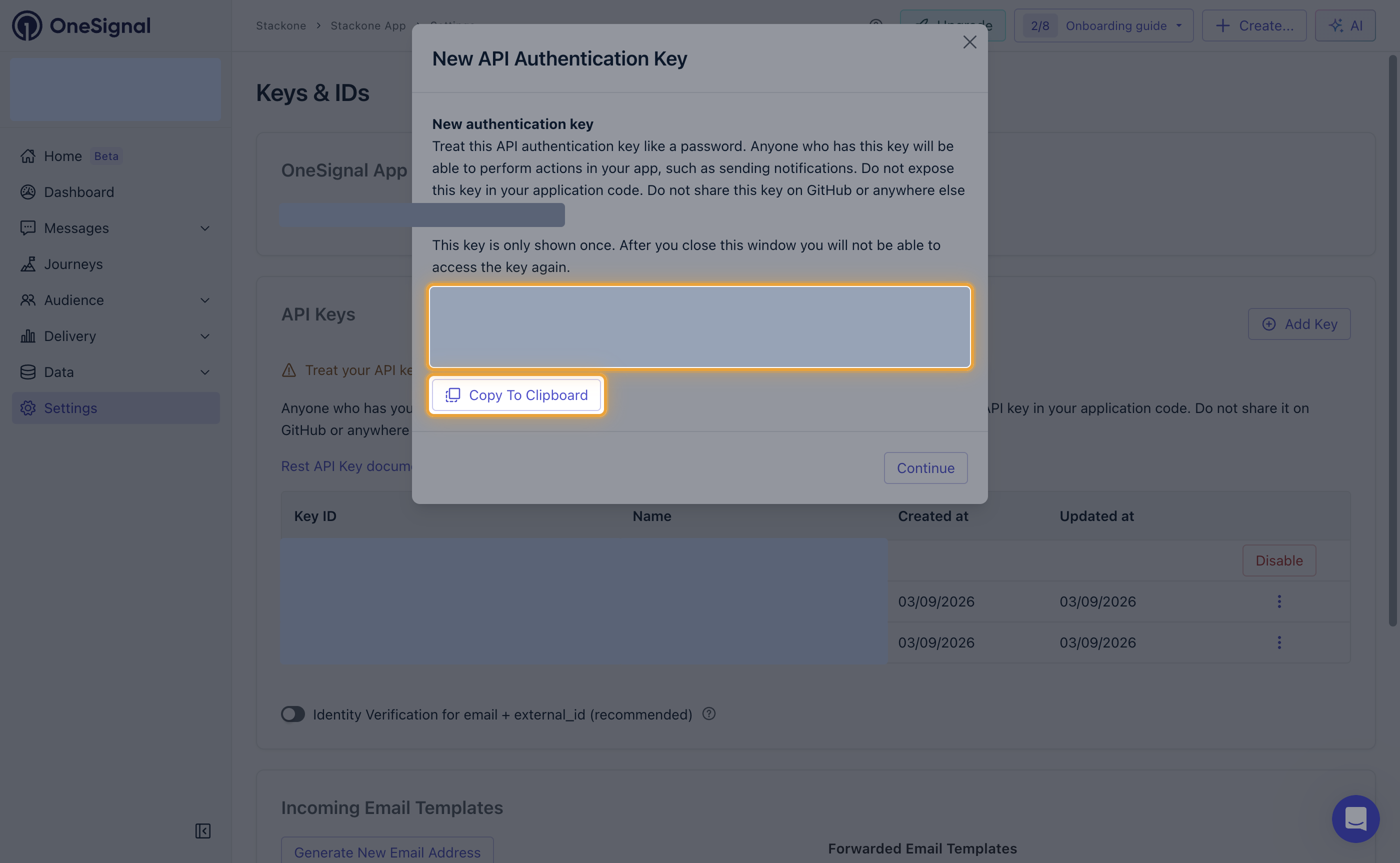 The New API Authentication Key window with the masked key value and the Copy To Clipboard button highlighted