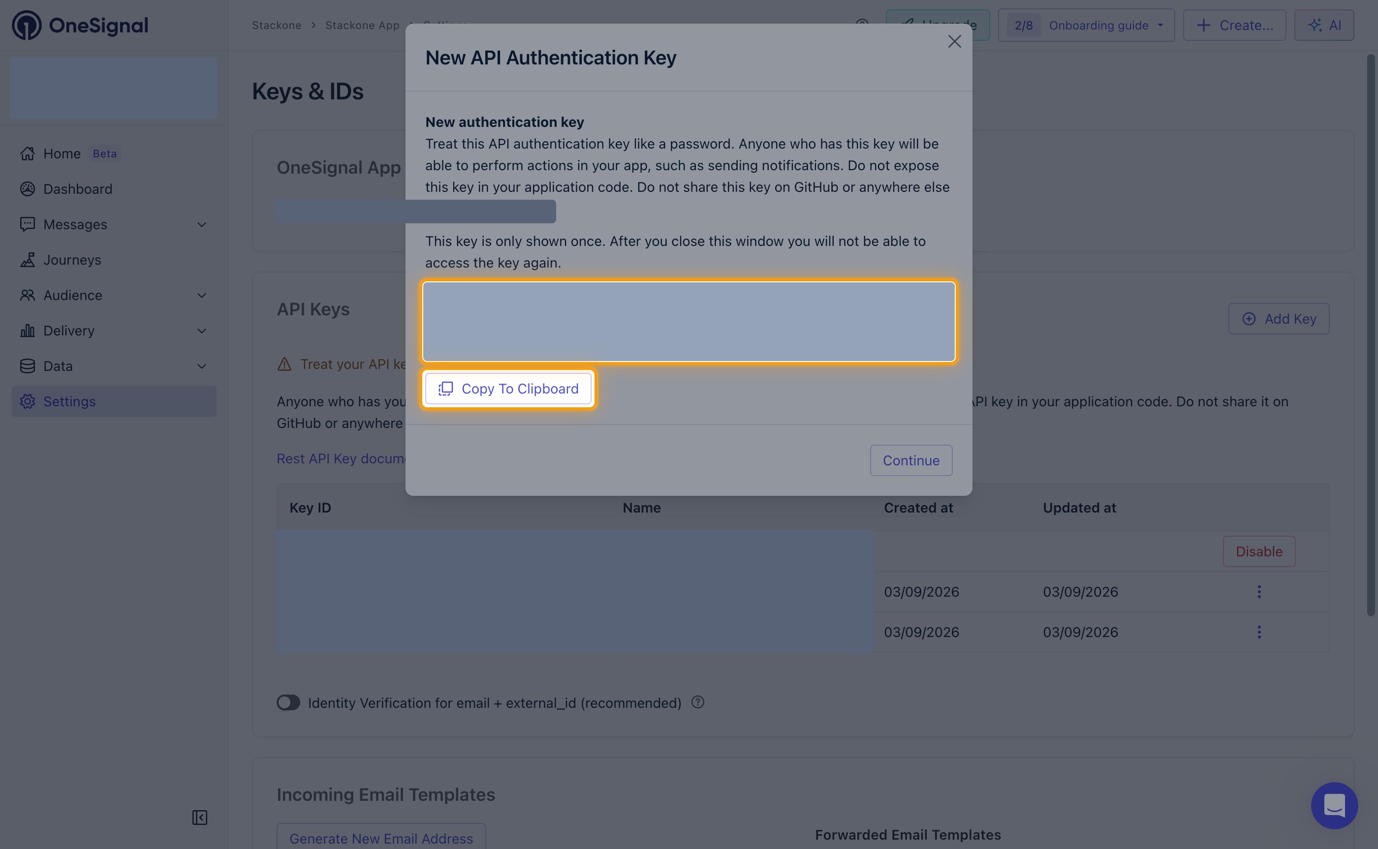 The New API Authentication Key window with the masked key value and the Copy To Clipboard button highlighted