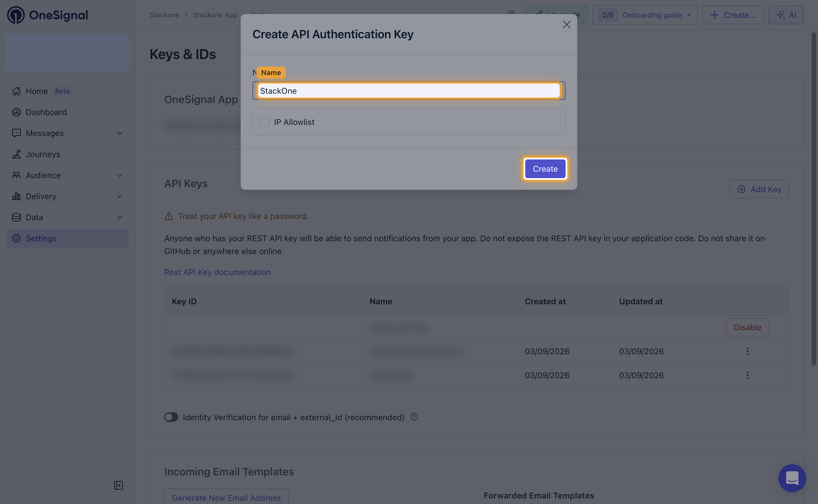 The Create API Authentication Key dialog with the Name field and Create button highlighted