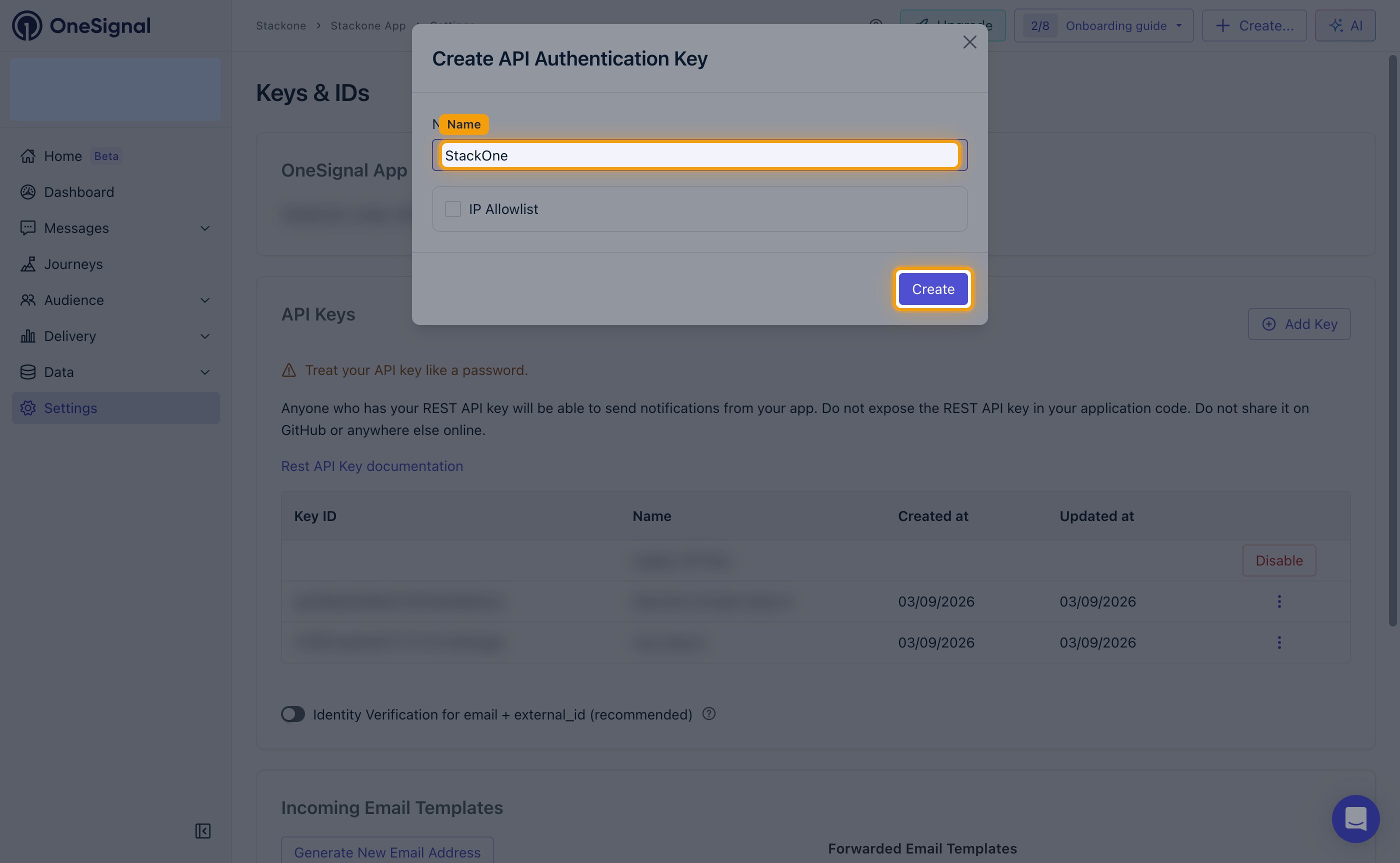 The Create API Authentication Key dialog with the Name field and Create button highlighted