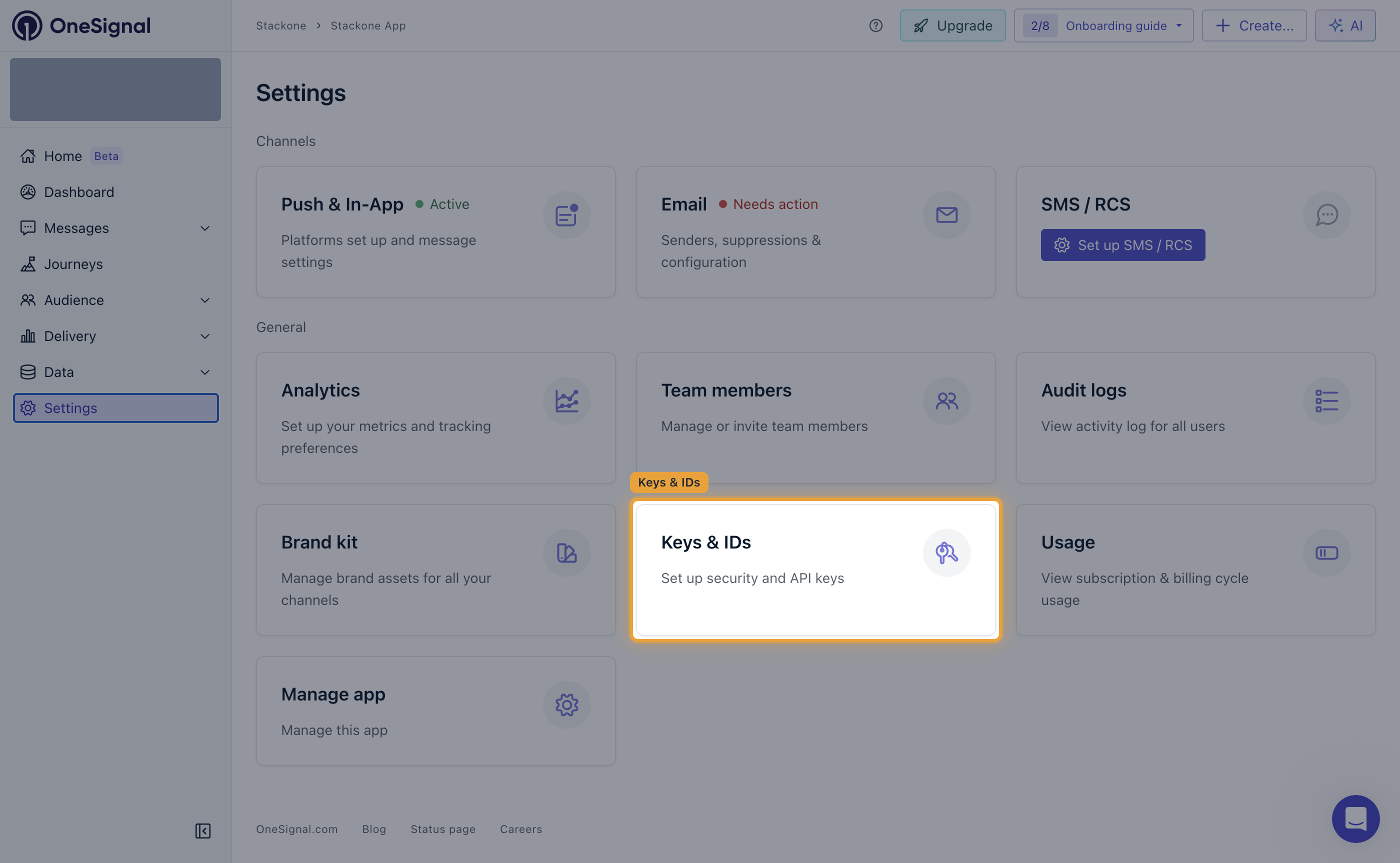The OneSignal app Settings page with the Keys & IDs card highlighted