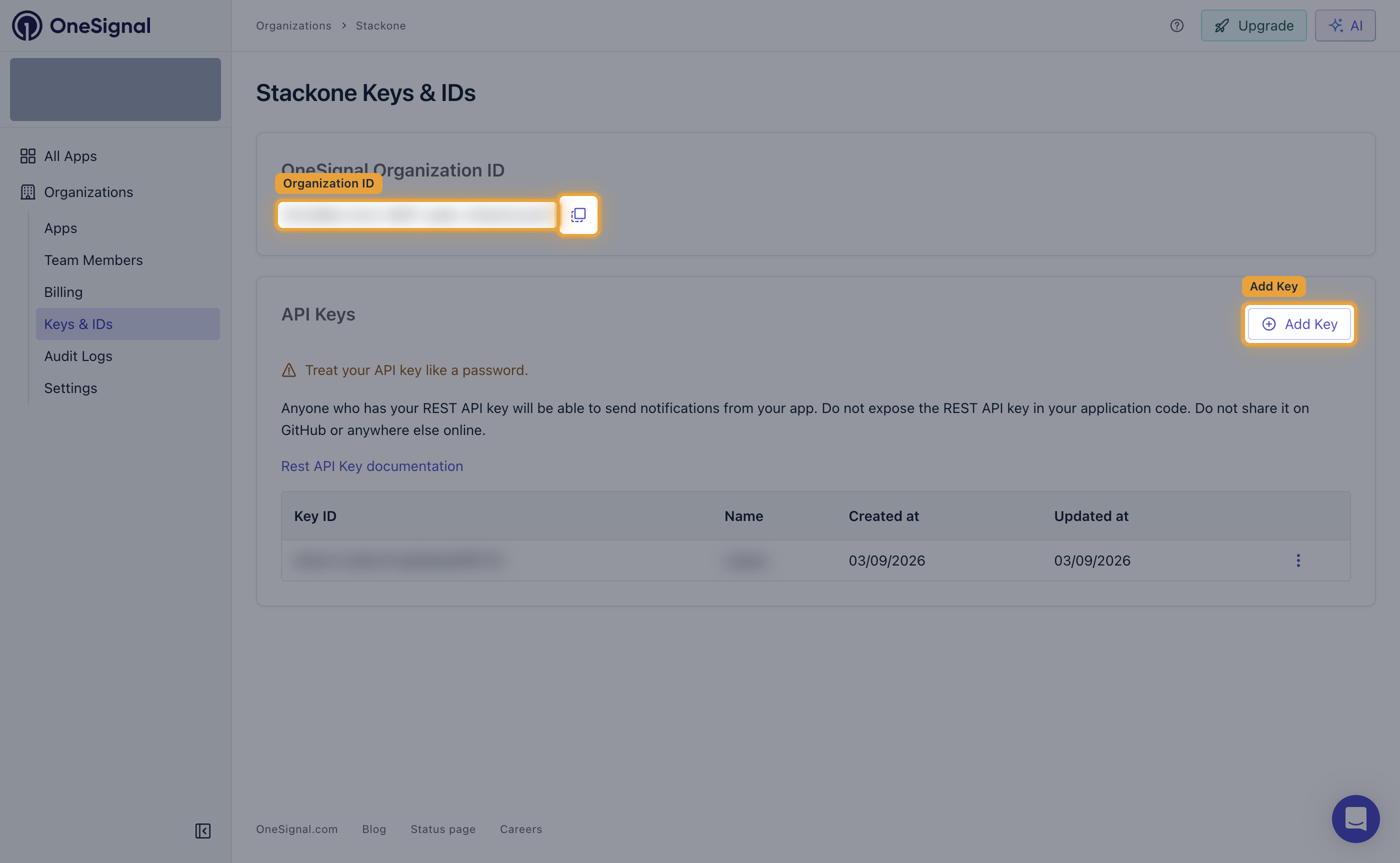 The OneSignal organization Keys and IDs page with the Organization ID value, its copy button and the Add Key button highlighted