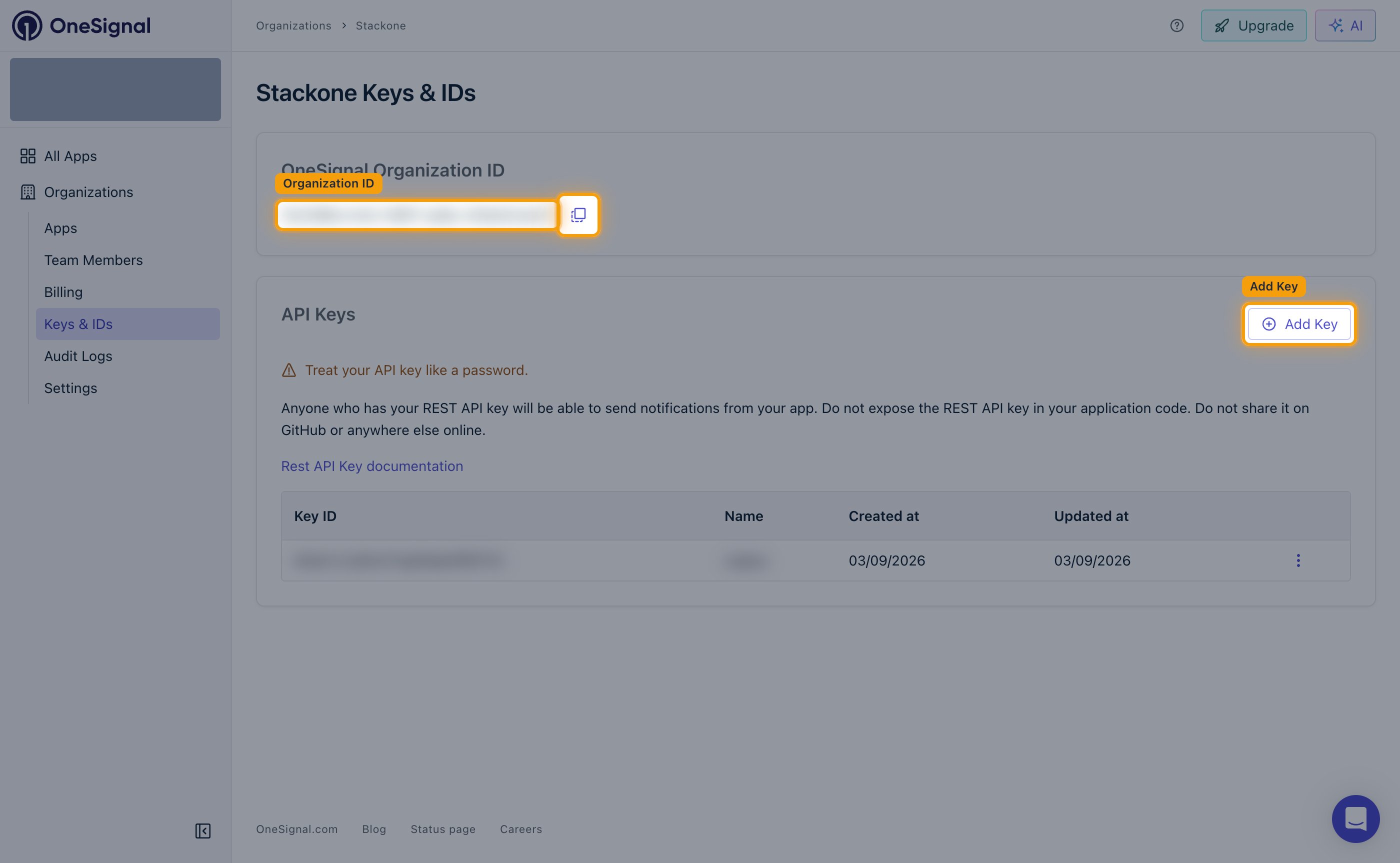 The OneSignal organization Keys and IDs page with the Organization ID value, its copy button and the Add Key button highlighted