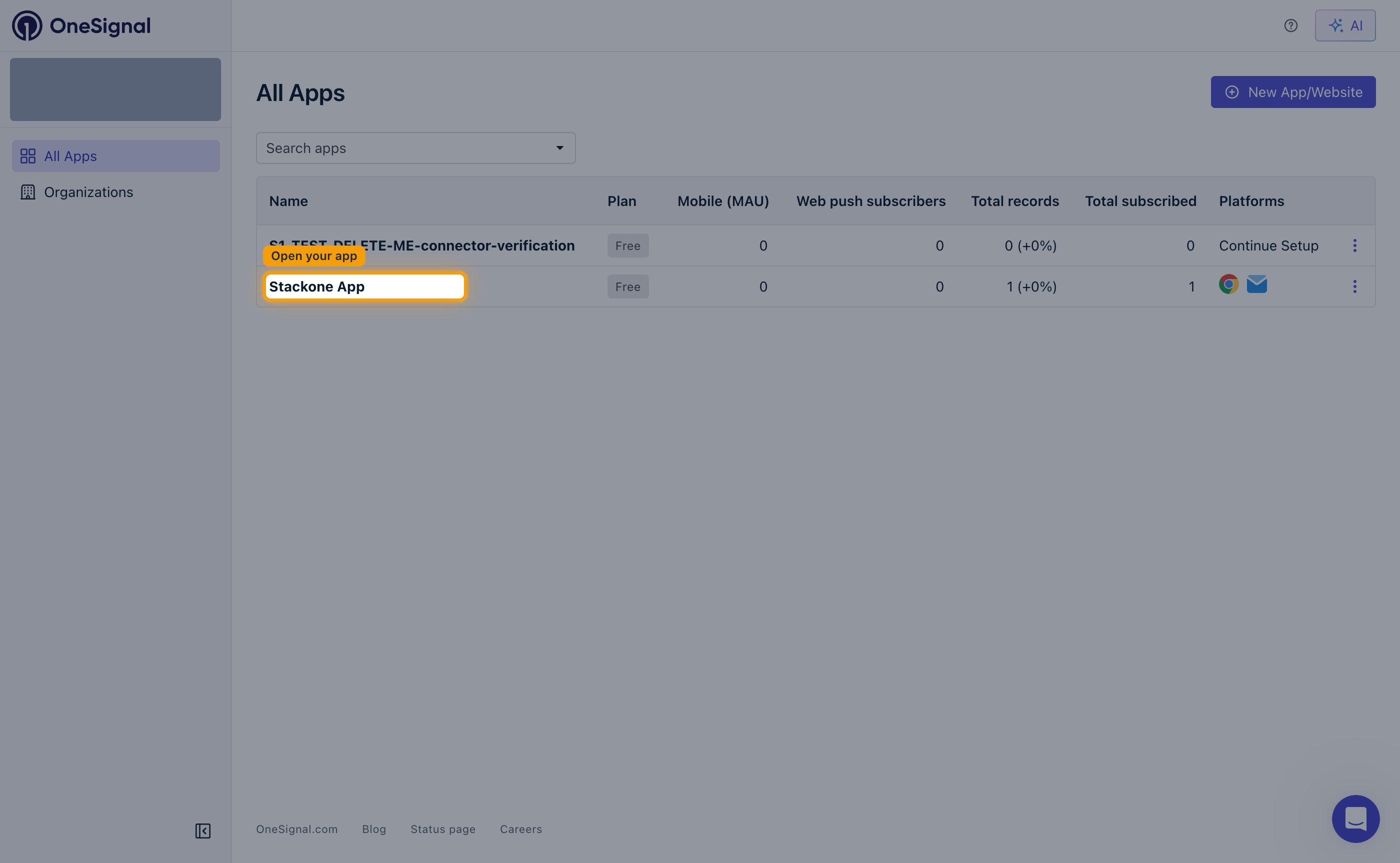 The OneSignal All Apps page with an app name highlighted in the Name column