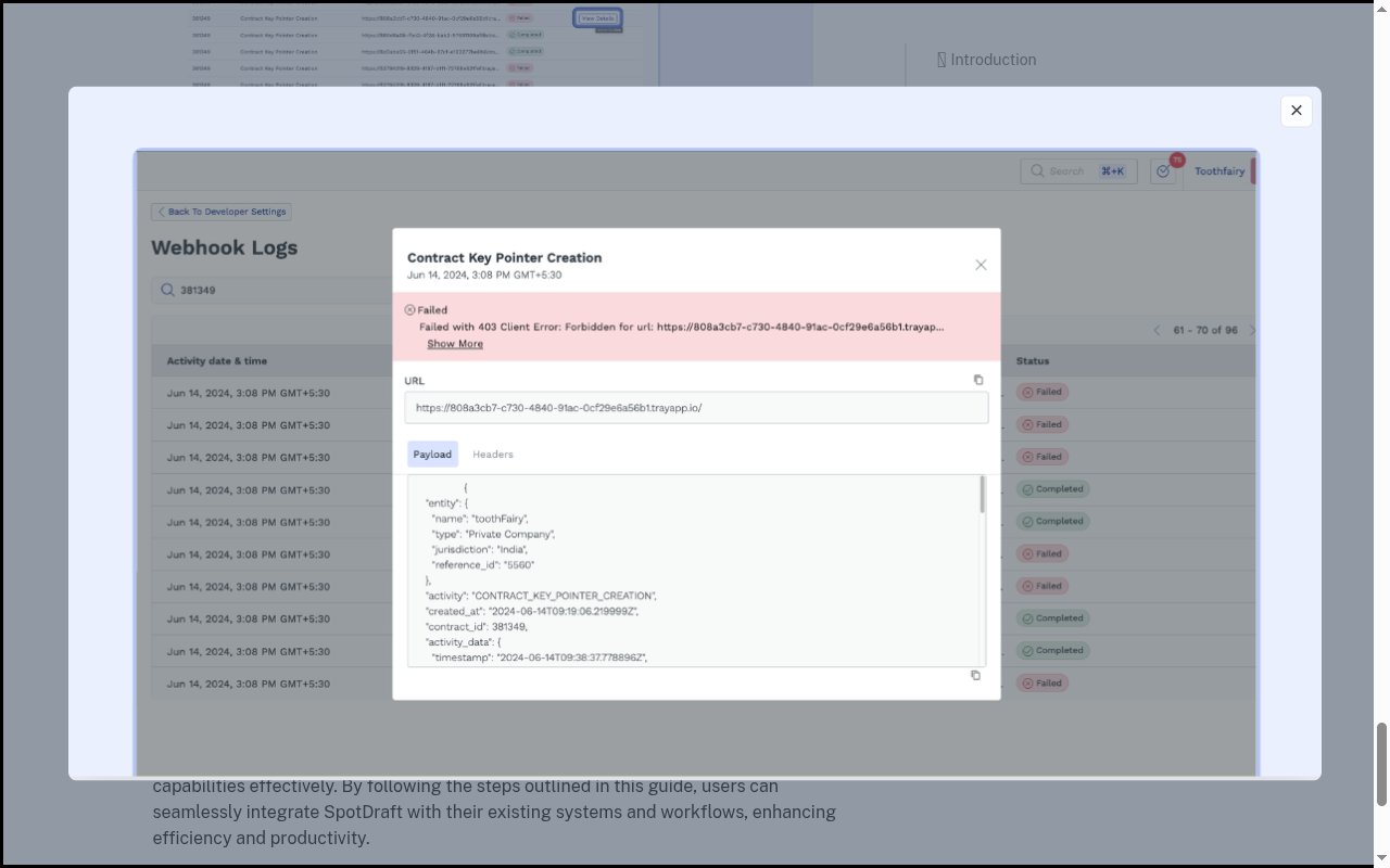 SpotDraft Webhook Logs detail showing the delivered JSON payload with activity, contract_id, and activity_data.
