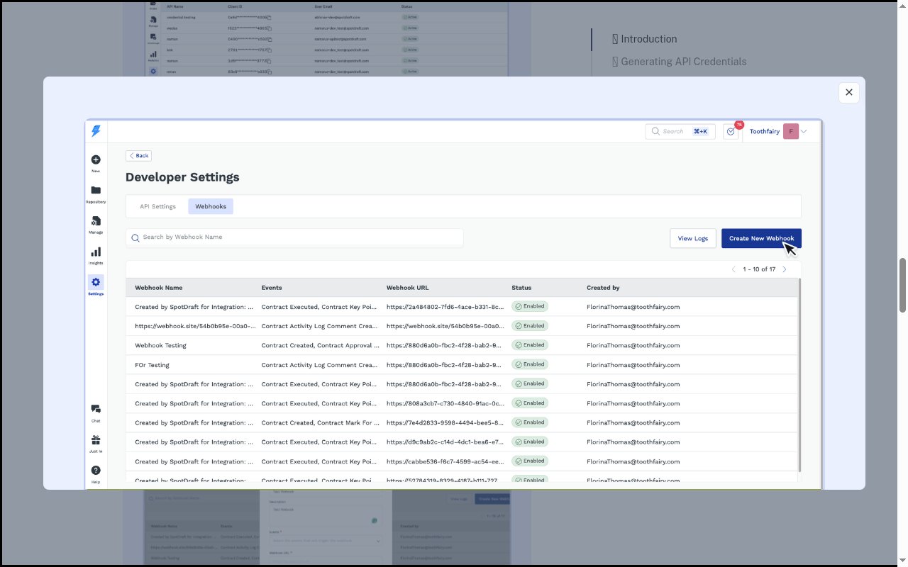 SpotDraft Developer Settings on the Webhooks tab, listing webhooks with Webhook Name, Events, Webhook URL, and Status columns.