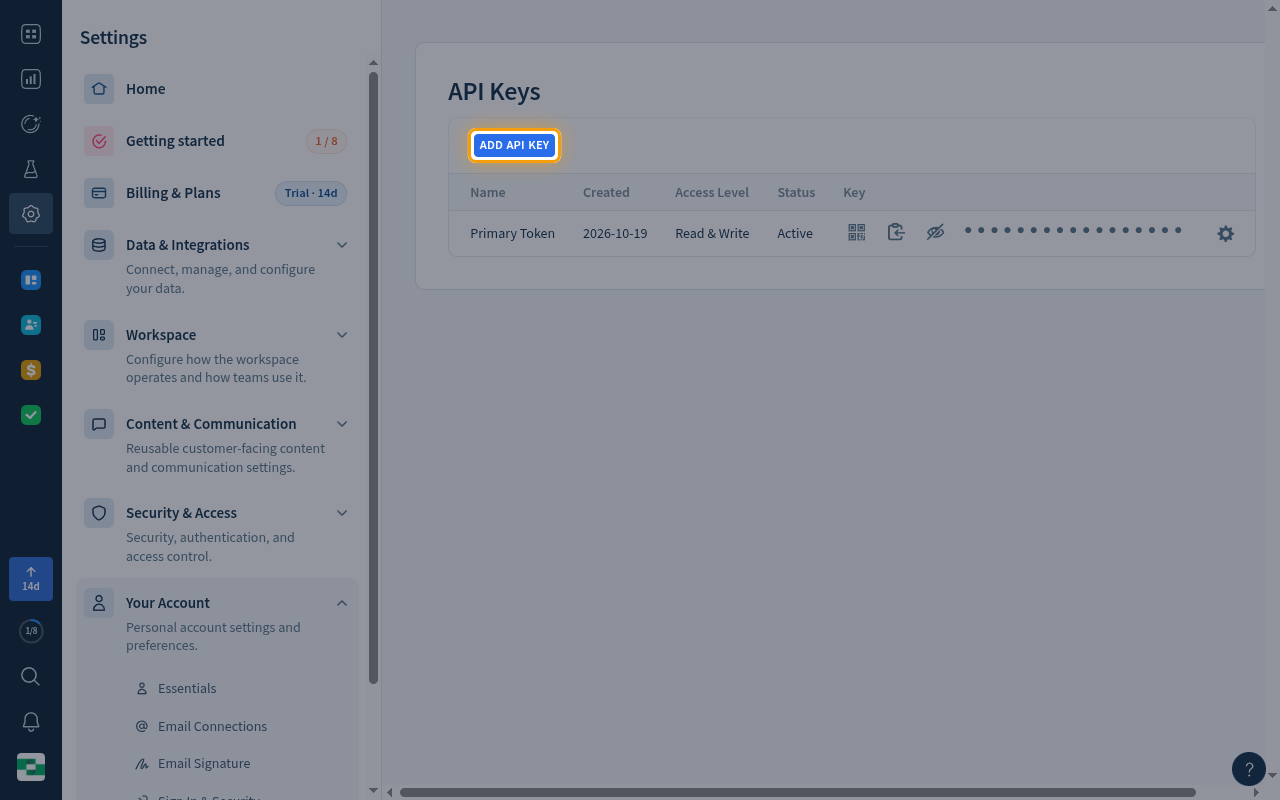 The API Keys page with the Add API Key button highlighted