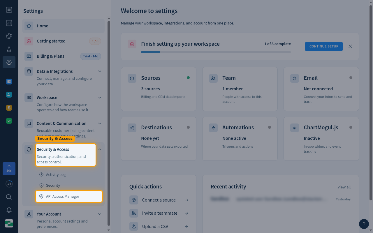 The Settings menu with the Security & Access group expanded and API Access Manager highlighted