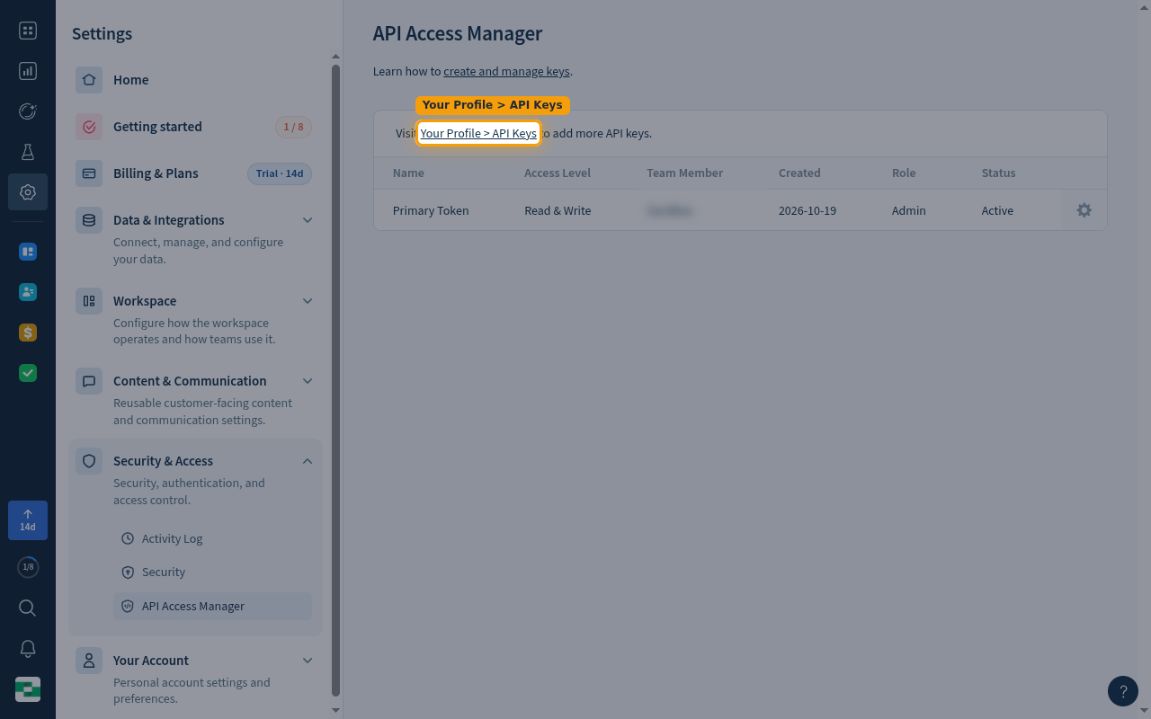 The API Access Manager page with the Your Profile > API Keys link highlighted