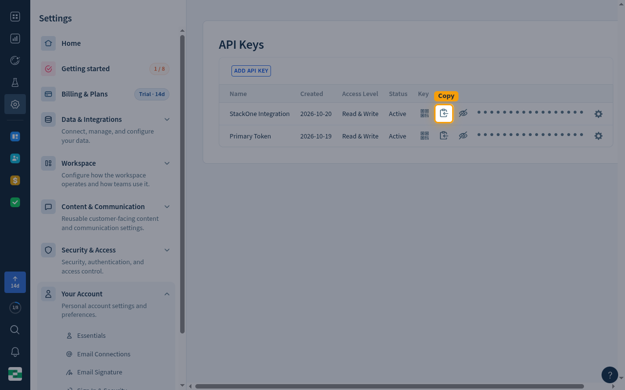 The API Keys page with the Copy icon highlighted in the StackOne Integration row